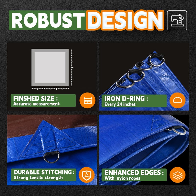 RAINDEWAY Tarp 10x14 Feet Heavy Duty Tarps 14 Mils with Metal Rings and Reinforced Corners and Edges,Waterproof,UV Resistant, Multipurpose Poly Tarp,Blue/Brown tarp - Image 4